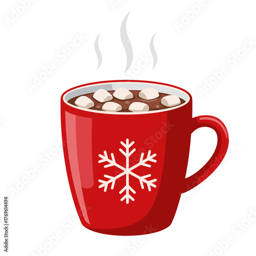 Red mug of hot chocolate with marshmallows and snowflake decoration, symbolizing warmth, comfort, and winter drink. Vector illustration, isolated on white background