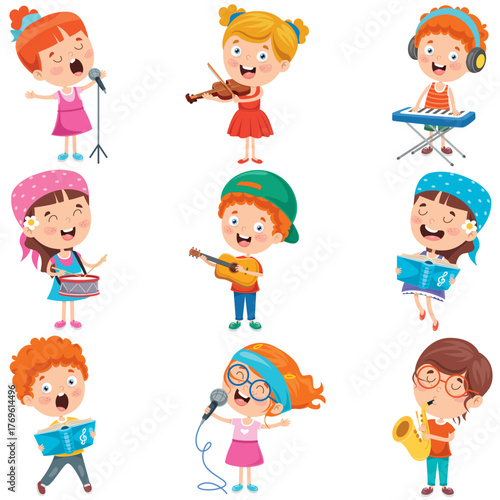 A vibrant illustration of cheerful children participating in various musical activities, showcasing their love for music through singing and playing instruments together in harmony.