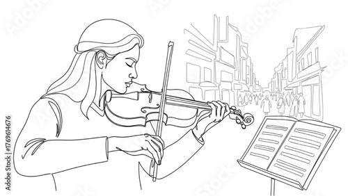 Street Performer Line Art — Violinist Playing Melodic Tune with Sheet Music, Minimal Expressive Outline Illustration