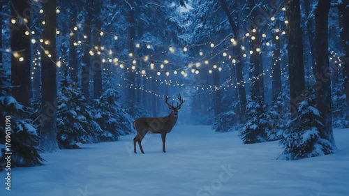 Majestic Deer Standing Snowy Forest Illuminated Twinkling Lights Enchanting Winter Wonderland