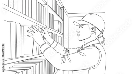 Book Archivist Line Art — Focused Worker Arranging Books in Library, Minimalist Indoor Vector Illustration