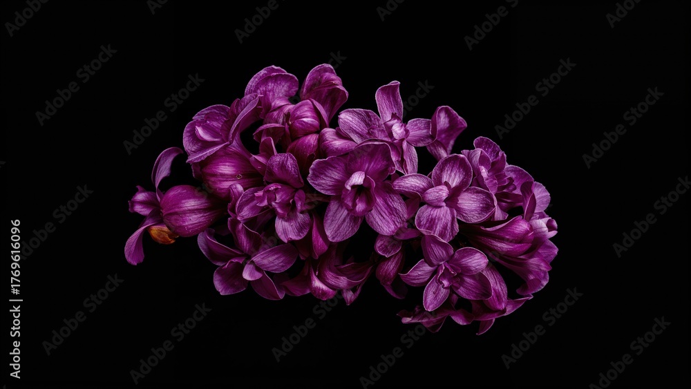Obraz premium Dark purple orchid flower on black isolated background for design. Closeup. Nature. purple flower isolated on a black backdrop close up. Shades of purple. Berry wine lilac.