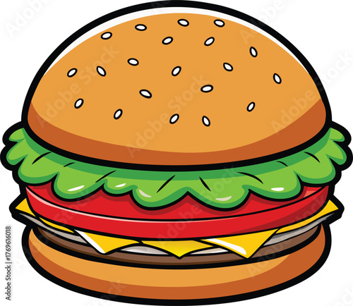 Deliciously Simple Burger: A mouthwatering, photorealistic illustration showcases a perfectly constructed burger with sesame-studded bun, fresh lettuce, a juicy tomato slice, melted cheese.