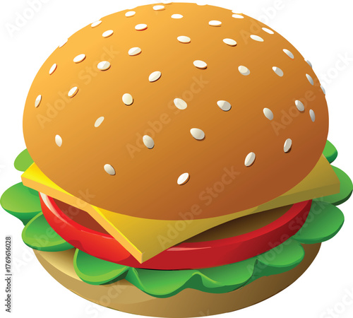 Deliciously Simple Burger: A mouthwatering, photorealistic illustration showcases a perfectly constructed burger with sesame-studded bun, fresh lettuce, a juicy tomato slice, melted cheese.