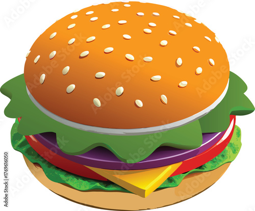 Deliciously Simple Burger: A mouthwatering, photorealistic illustration showcases a perfectly constructed burger with sesame-studded bun, fresh lettuce, a juicy tomato slice, melted cheese.