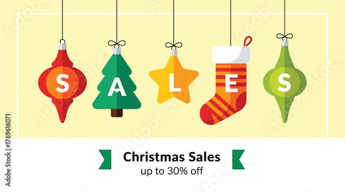 Christmas sale banner with hanging ornaments spelling out the word sales, offering up to 30 off, perfect for advertising seasonal discounts and promotions