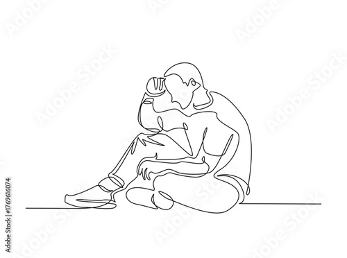 Man with his hands on his head in single outline illustration. Continuous line art drawing of depressed man holds head. Editable stroke.