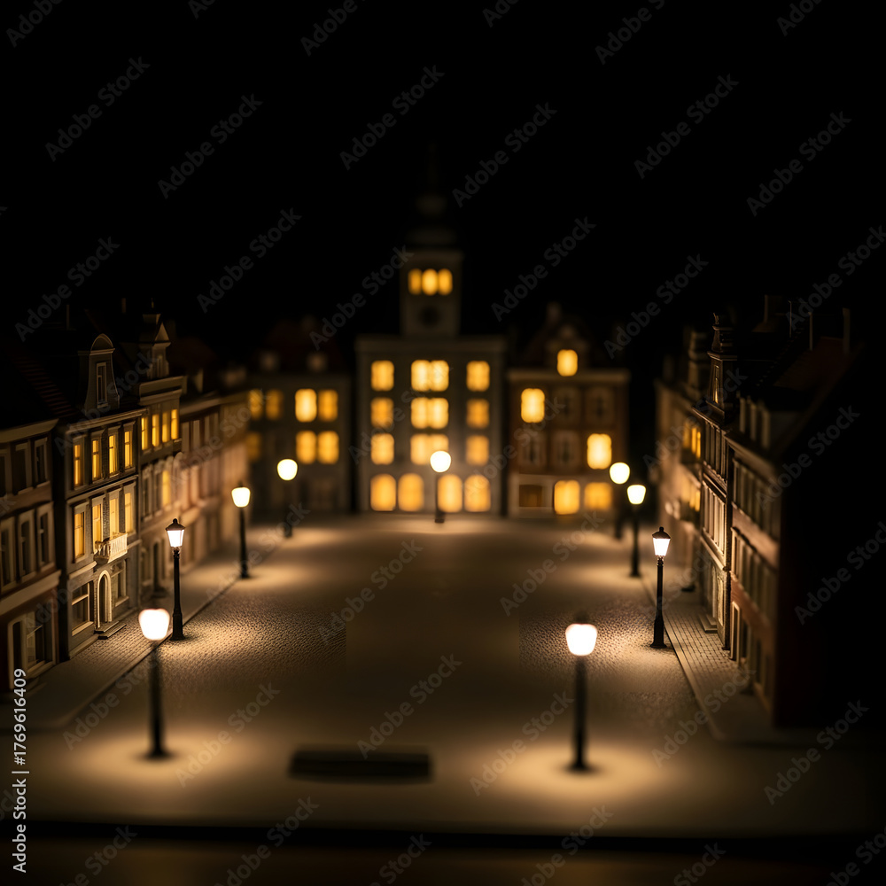 Fototapeta premium A Miniature Cityscape at Night: Luminous Streetlamps and Buildings