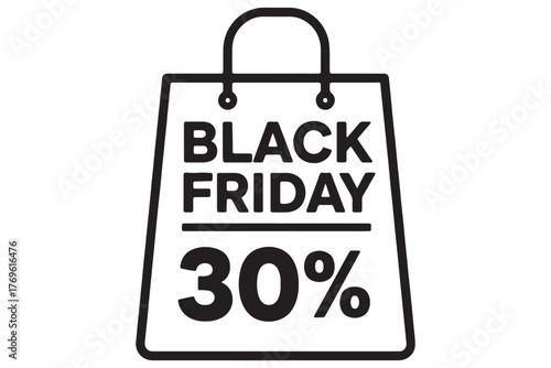 Black friday shopping bag icon with 30 discount isolated on white background, promoting retail sales and special offers for consumers vector illustration