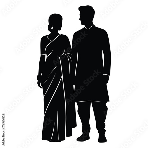 Silhouette of an Indian couple in traditional attire, man and woman vector illustration