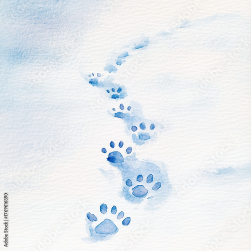 Watercolor paw prints leading through a snowy background  