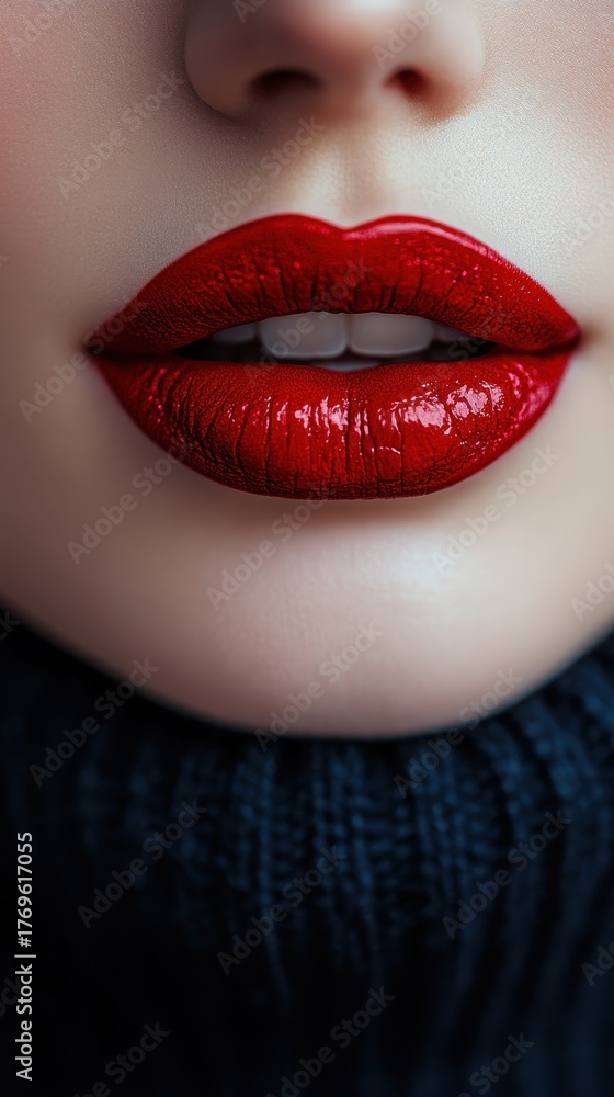Fototapeta premium A woman's lips are painted red with glitter. Concept of glamour and sophistication, as the woman's lips are the focal point of the photo. The glitter adds a touch of sparkle and glamour to the lips