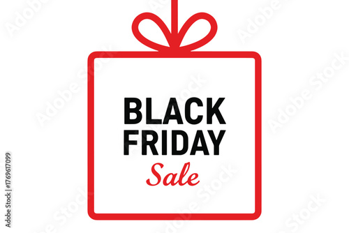 Black friday sale promotion isolated on white background, featuring a gift box design with bold typography and a festive red color scheme vector illustration