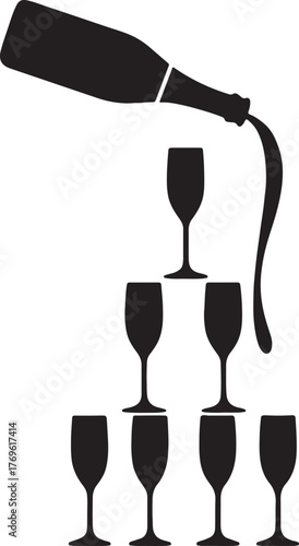 Champagne bottle pouring into multiple glasses in elegant cascading composition.