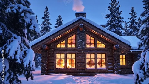 A cozy wooden cabin deep in the snowy forest, yellow light glowing warmly from windows,