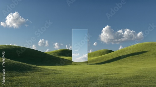 Lush Green Hills With a Reflective Door Under a Clear Blue Sky With Clouds