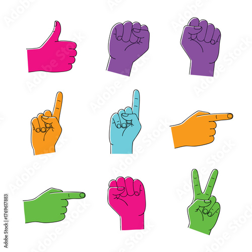 Colorful collection of pop art hand gestures with outlines showing thumbs up fist pointing and peace signs.