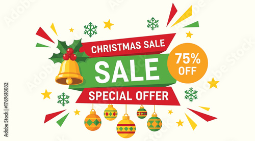 Christmas sale banner with special offer and 75 off discount, featuring festive decorations like bells, ornaments, and snowflakes, ideal for attracting customers