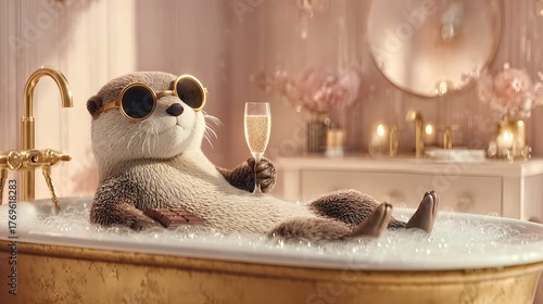 Otter Relaxing in a Bubble Bath While Enjoying a Drink in a Luxurious Setting