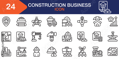 Construction Business Editable icons collection. Containing building, industry, engineer, construction, worker, architect and more. Outline icons collection. Vector Illustration.