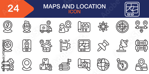 Maps and Location Editable icon collection. Containing map, pin, navigation, location, travel, marker and more. Outline icons collection. Vector Illustration.