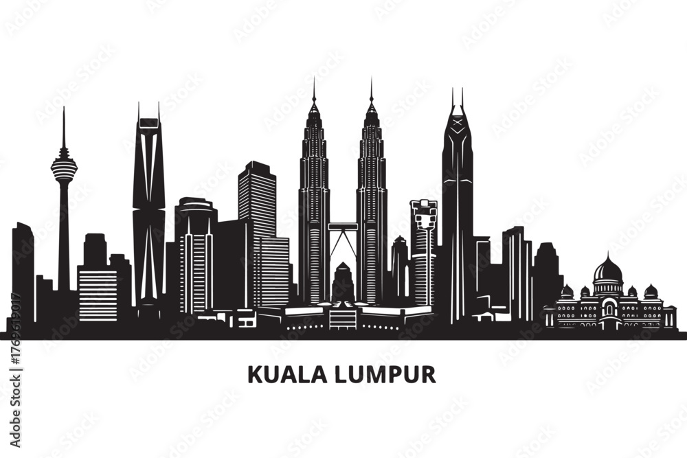 Naklejka premium Silhouette of kuala lumpur skyline isolated on white background, featuring iconic landmarks and representing the citys modern architecture vector illustration