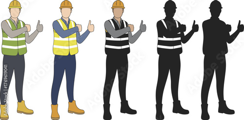 Construction worker illustration, safety vest, hard hat, thumbs up pose, silhouette, grayscale, PPE, industrial worker, vector art, occupational safety
