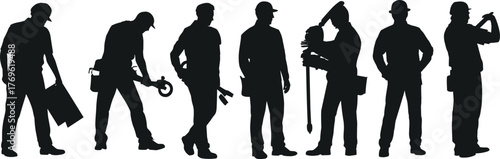 Construction workers, silhouette, skilled labor, engineering tools, manual work, teamwork, tradespeople, surveying, carpentry, foreman, building site, industrial workforce, jobsite, tools,