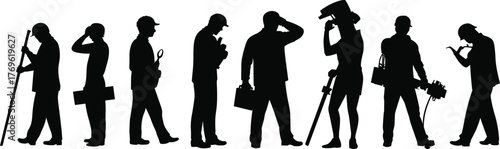 Silhouettes of diverse workers, engineers, surveyors, technicians, professionals, construction roles, teamwork, tools, hard hats, career diversity, occupational silhouettes, industry