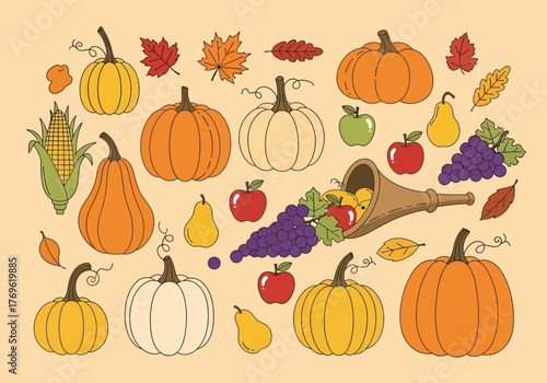 Vibrant Autumn Harvest Cornucopia Filled with Pumpkins, Grapes, Pears, Apples, and Fall Leaves