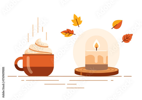 Autumn still life with coffee and candle illustration.