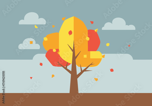 Autumnal deciduous tree with falling leaves under a cloudy sky, vibrant flat design illustration