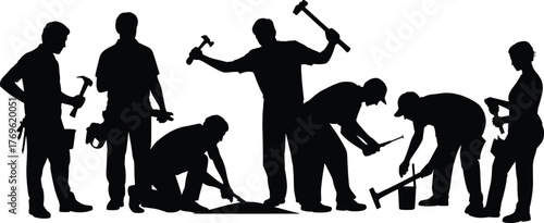 Construction workers silhouette, teamwork, manual labor, industrial tools, repair crew, black and white, job site, hammer, wrench, inspection, measuring