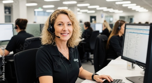 Call Center Professional: A dedicated call center professional, radiates confidence while assisting customers. Surrounded by colleagues in a modern office.