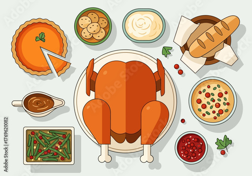 Thanksgiving feast illustration featuring a roasted turkey, pie, and various side dishes.