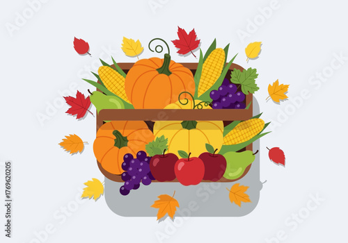Harvest basket filled with pumpkins, corn, apples, grapes, and autumn leaves.