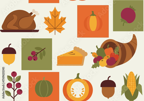 A festive collection of Thanksgiving holiday icons including turkey, pumpkin pie, and autumn harvest symbols arranged in a pattern