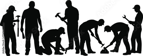 Silhouettes of workers, construction tools, manual labor, teamwork, industrial job site, repair tasks, bending, kneeling, hammer, wrench, active poses