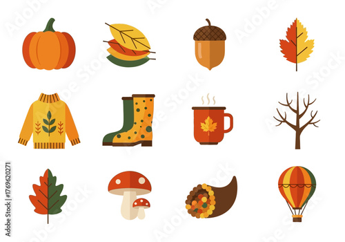 A collection of flat design autumn and fall season icons including pumpkin, leaves, sweater, boots, and acorn.