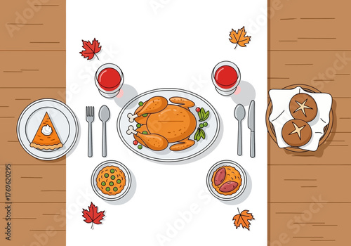 Thanksgiving dinner table setting with roasted turkey, pie, and side dishes, overhead view.