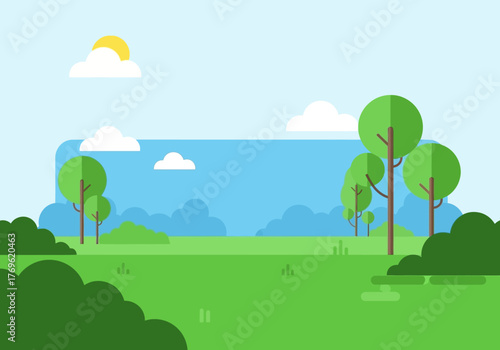 Flat design landscape with trees, bushes, clouds, and sun.