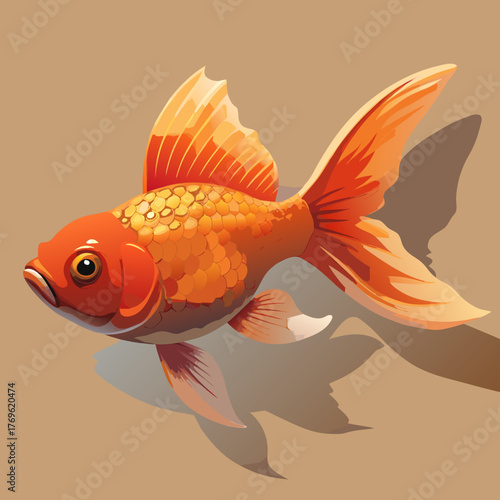 Orange Goldfish swimming with elegant fins against brown background