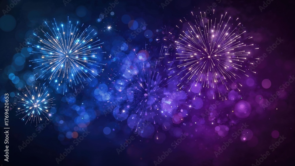 Fototapeta premium Abstract festive background with fireworks and bokeh effect for celebration.