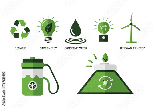 Green energy and sustainability icons and a reusable water bottle.