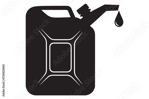 A black silhouette of a jerrycan with a drop of liquid falling from the spout isolated on white background, representing fuel or liquid storage vector illustration
