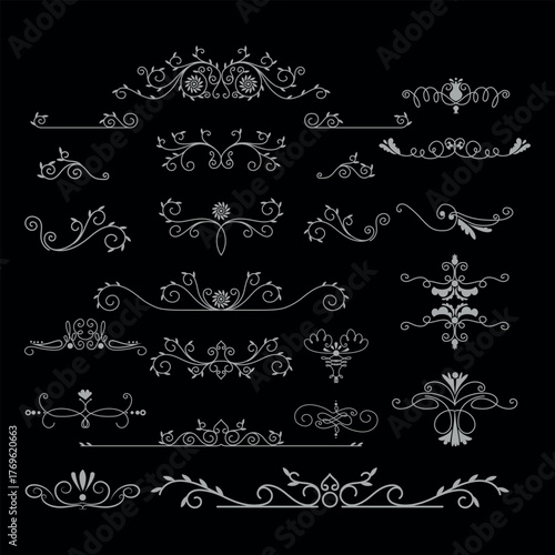 Gold text dividers doodle set. Wedding decorative elements. Divider ornament, borders, floral, vintage line separators. Hand drawn vector illustration isolated on white background.Set page dividers. 