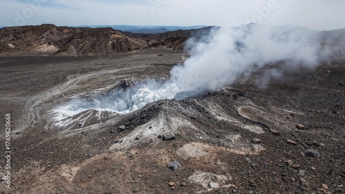 Valley of 10,000 Smokes featuring welded tuff, with fumarole welded ash from a volcanic vent. Non-welded ash has been eroded. Ash flow tuff originated from a caldera eruption.