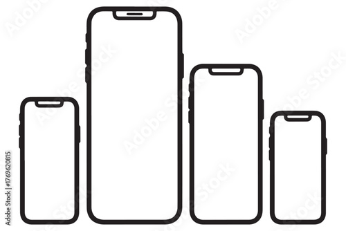 A group of four smartphone silhouettes of varying sizes isolated on white background, showcasing different models or screen sizes of mobile devices vector illustration