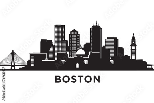 A black silhouette of the boston skyline isolated on white background, featuring iconic buildings and landmarks, with the word boston underneath vector illustration