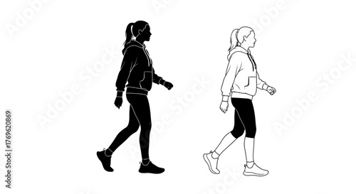 Two illustrations of a woman walking one solid black and one outlined